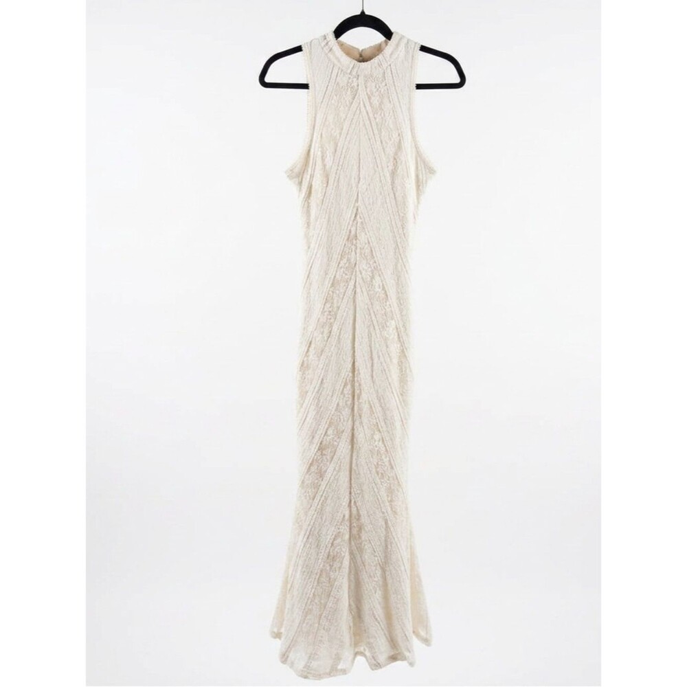 FORE Aritzia Cream Lace Chevron Maxi Dress Keyhole Back Mock Neck Bodycon Large